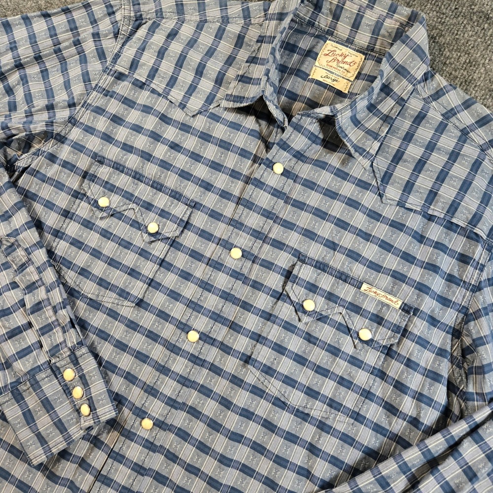 Lucky Brand Blue Plaid Western Pearl Snap Shirt Mens L Cotton CowboyCore Rodeo